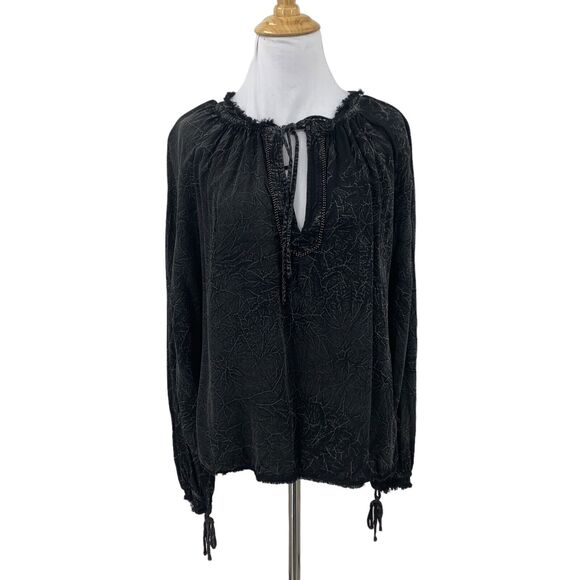 Hudson Jeans Peasant Blouse Womens S Small Black Distressed Ruffle Fringe Collar - Picture 1 of 12